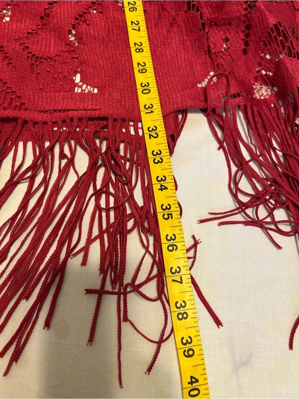 Spaghetti-Strap Burgundy Lace Midi Dress with Fringe